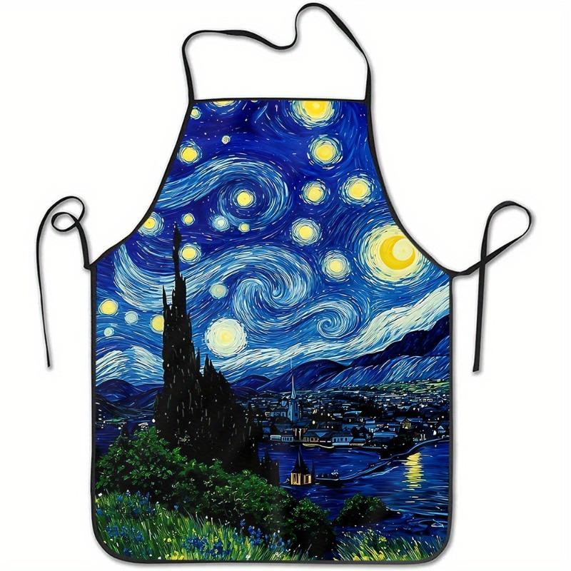 A Van Gogh Starry Night Apron Featuring A Spiral Blue And Yellow Design, Made Of Durable Polyester, Suitable For Cooking, Art Cl