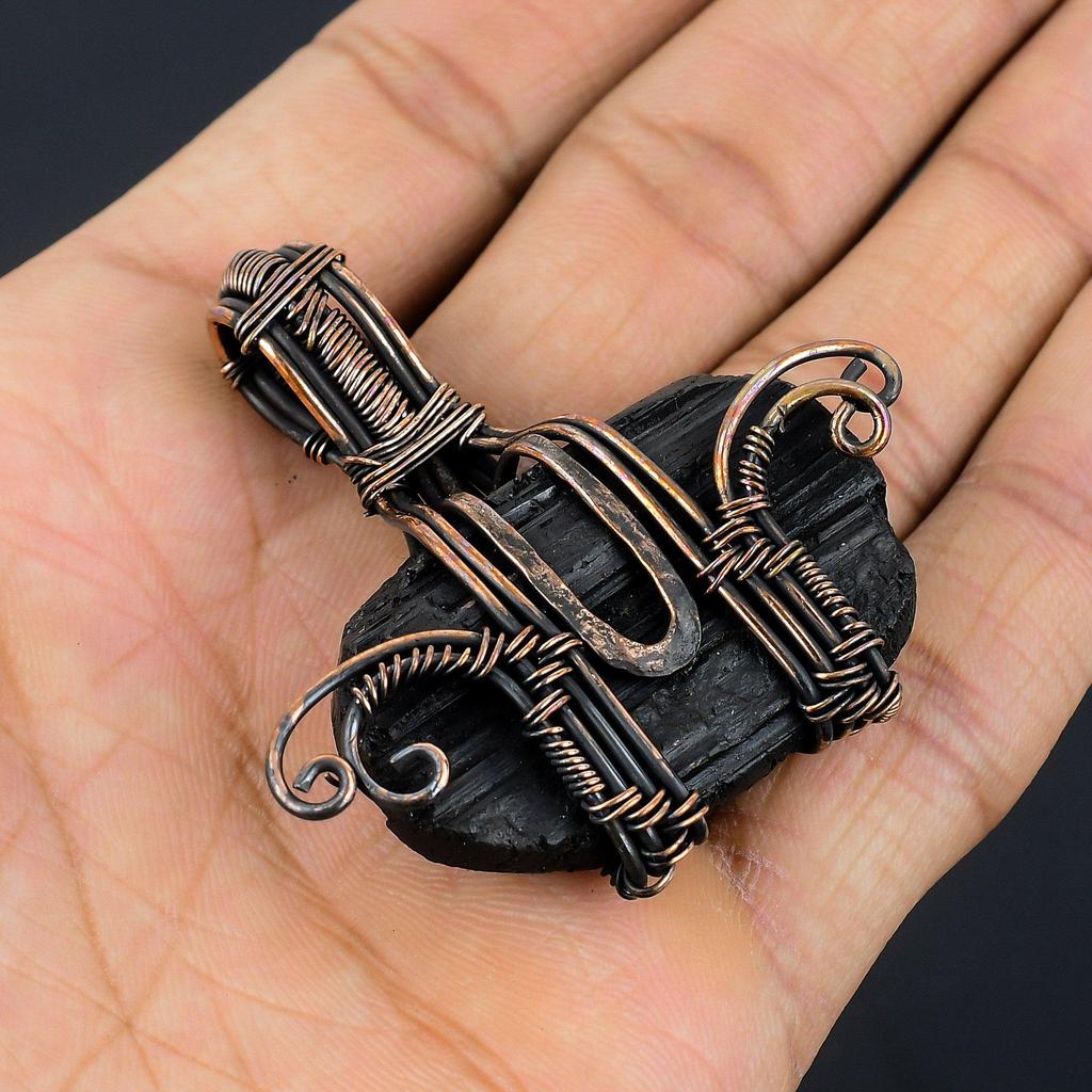 Подвеска из черного турмалина, Ювелирное изделие из драгоценного камня, Подвеска, обернутая медной проволокой 999 пробы, Удивительное ювелирное изделие ручной работы