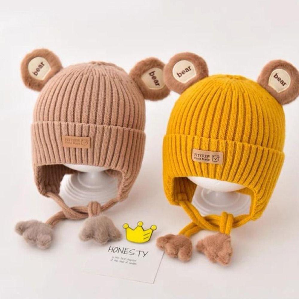 Милый дизайн с мишкой Шапка-бини для малышей Хлопковая подкладка Зимняя теплая вязаная шапка для младенцев Одежда для малышей