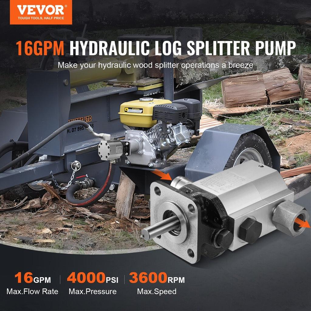 Hydraulic Wood Log Splitter Pump Kit, 16 GPM, 2 Stage 4000 PSI Aluminum Hydraulic Gear Pump, with Valve 1'' Inlet 1/2'' NPT Outlet 3600 RPM, for Small