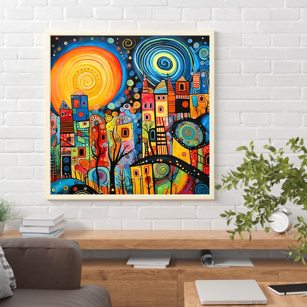 5D DIY Полная круглая дрель Алмазная картина Красочный дом Абстрактная серия Декор