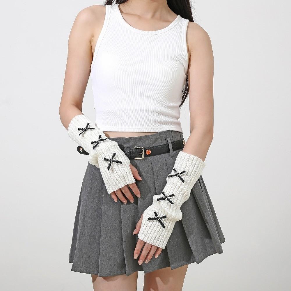 Thicken Y2K Fingerless Gloves Soft Knitted Sleeve Cover Fashion Bow Arm Warmers Winter