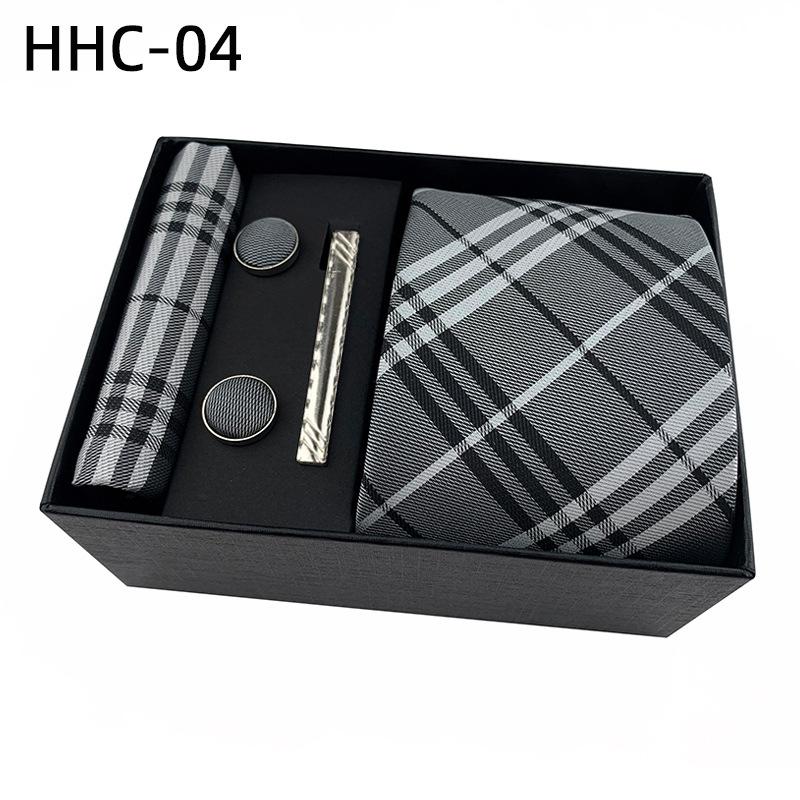 Men'S Striped Flower Plaid Tie Square Towel Cuffs Tie Clip Gift Box Set Business Casual Tie Black