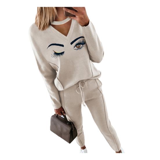 Женский наряд с принтом глаз, повязка на щиколотке, комплект из двух предметов, толстовка с принтом сердца и бусинами, брюки с эластичной резинкой на талии, уличная одежда