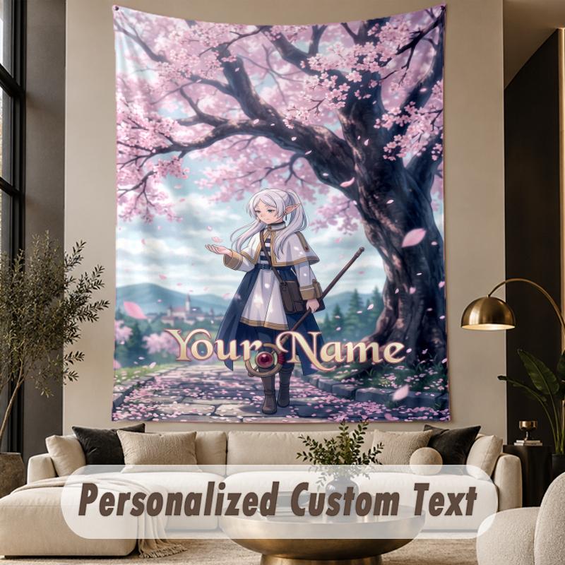 Custom Text Printed Tapestry Frieren Beyond Journey's End Pattern Large Wall Hanging Indoor Room Decor