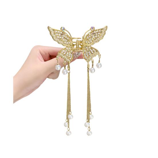 Hair Claw Long Fringe Faux Pearls Butterflies Decor Hair Clips Women Girls Hairstyles Home Outdoor Playing Hair Decoration