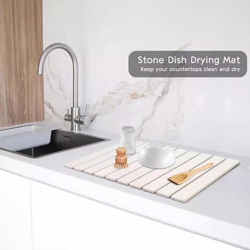 Stone Dish Drying Mat Super Absorbent Diatomaceous Earth Drying Mats Foldable Stone Dish Mat Kitchen Countertop Crockery Mat