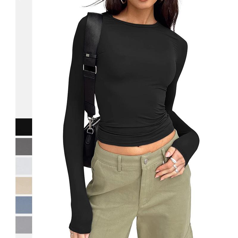Женская одежда с круглым вырезом, уличная одежда, тонкие дышащие футболки с длинными рукавами, облегающие укороченные топы с подкладкой, сплошной цвет