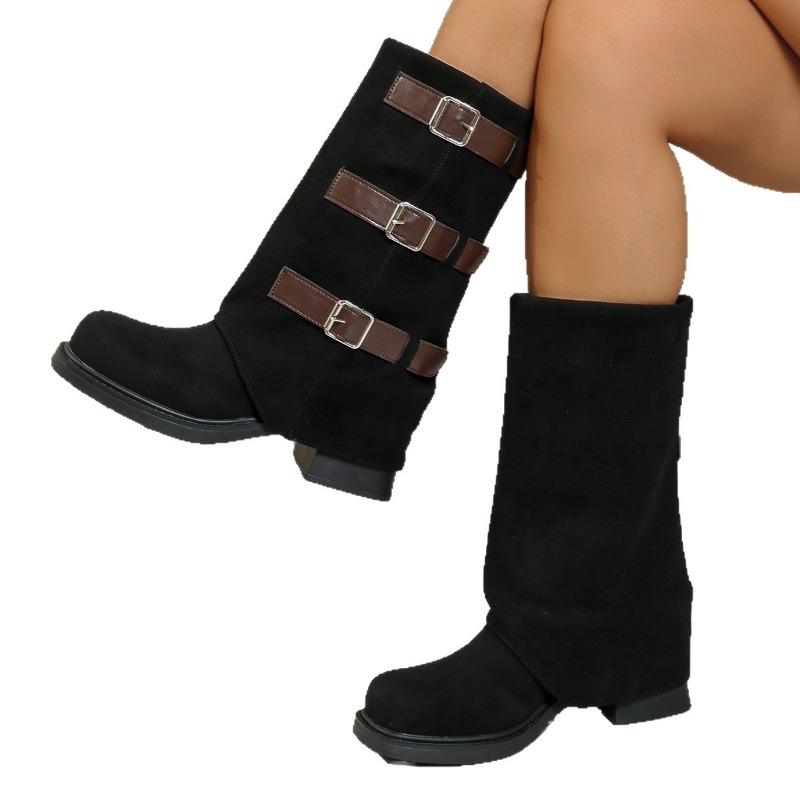 Женские ковбойские сапоги с западной пряжкой на наборном каблуке - Кожаные ковбойские сапоги до колена с эффектом потертости и отворотом, Винтажные сапоги для верховой езды на платформе