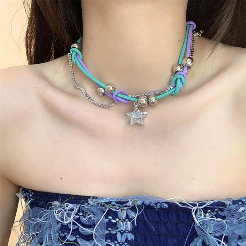 Кожаные бусины намотки O Стиль колье DIY металлическая подвеска в форме звезды ожерелье для женщин эстетическое панк ожерелье Y2K аксессуар