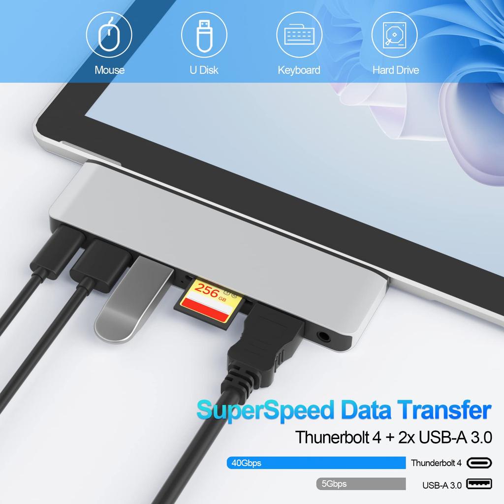 Хаб-расширитель для Surface Pro 9 4K HDMI USB C Thunderbolt 4 PD Зарядка 2 порта USB Аудио Картридер Специальная док-станция для Microsoft Surface Pro 9