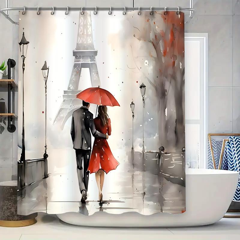 Romantic Paris Eiffel Tower Couple Under Red Umbrella Waterproof Shower Curtain For Bathroom Decor Waterproof Polyester