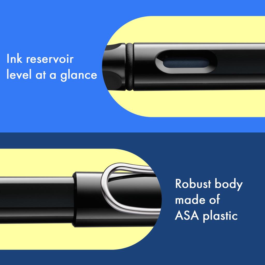 Lamy Safari Черный Глянцевый Черный Цвет Эргономичная Рукоятка и Полированная Сталь Размер F Идеально Подходит для Письма и Каллиграфии Включает Картридж с Чернилами LAMY T10 Синий