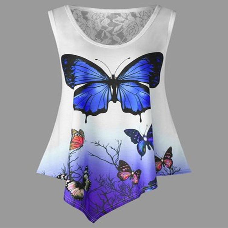 Stylish Women Sleeveless Butterfly Print Lace Patchwork T-shirt For Summer Chic