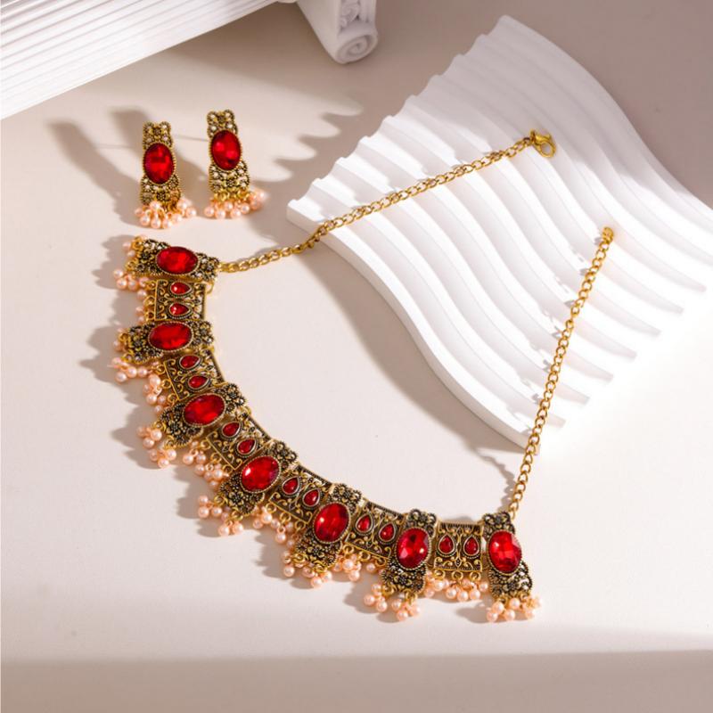 Inlaid Vintage Necklace Crystal Choker Rhinestone Ethnic Style Jewelry Set Women Accessories