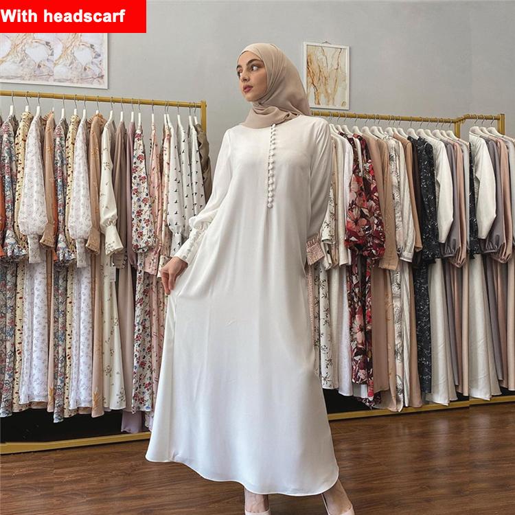 Muslim Women Soft Chiffon Long Skirt Solid Color Maxi Dress Baju Raya Jubah Muslimah Kaftan Long-sleeved Dress