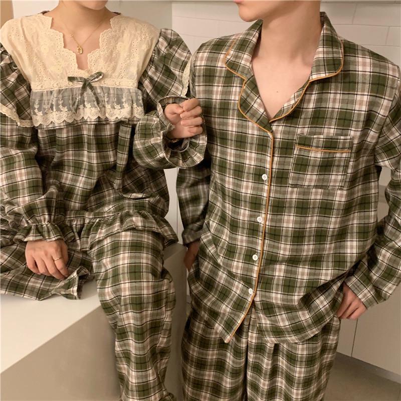 Korean Autumn/Winter Flannel Plaid Couple Pajamas with Lace V-Neck Long Sleeves