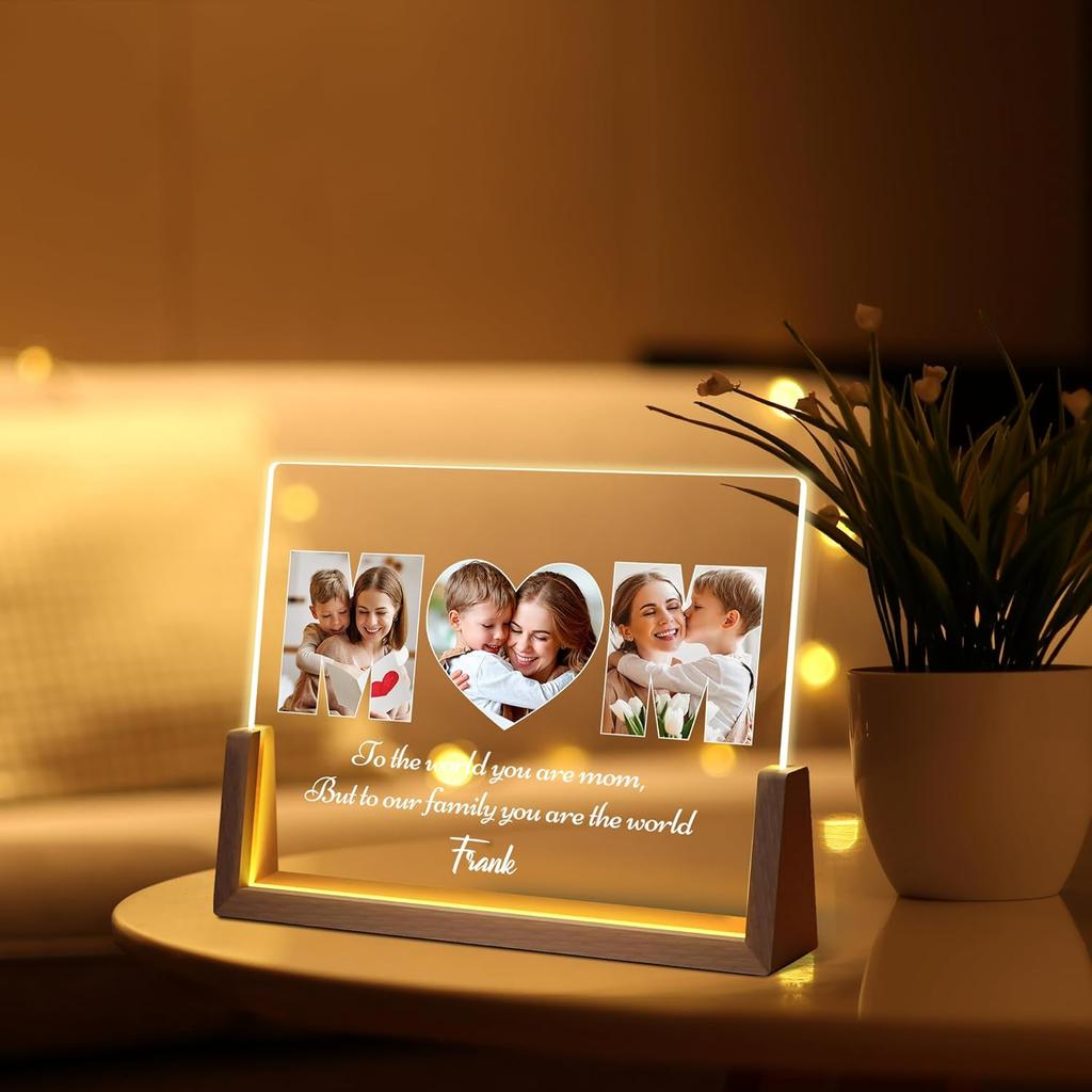 Персонализированные уникальные подарки на День матери для мамы и жены, подарки для мамы от дочери, сына и мужа, фоторамка из акрила с ночником и именем на фото,