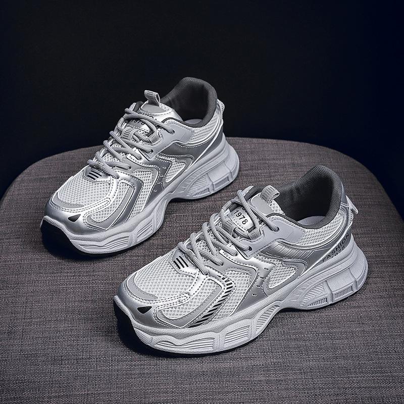 Женские универсальные спортивные кроссовки Dad сезона весна/осень 2024 года — корейский стиль, толстая подошва, увеличивающие рост, дышащие, для повседневного бега.