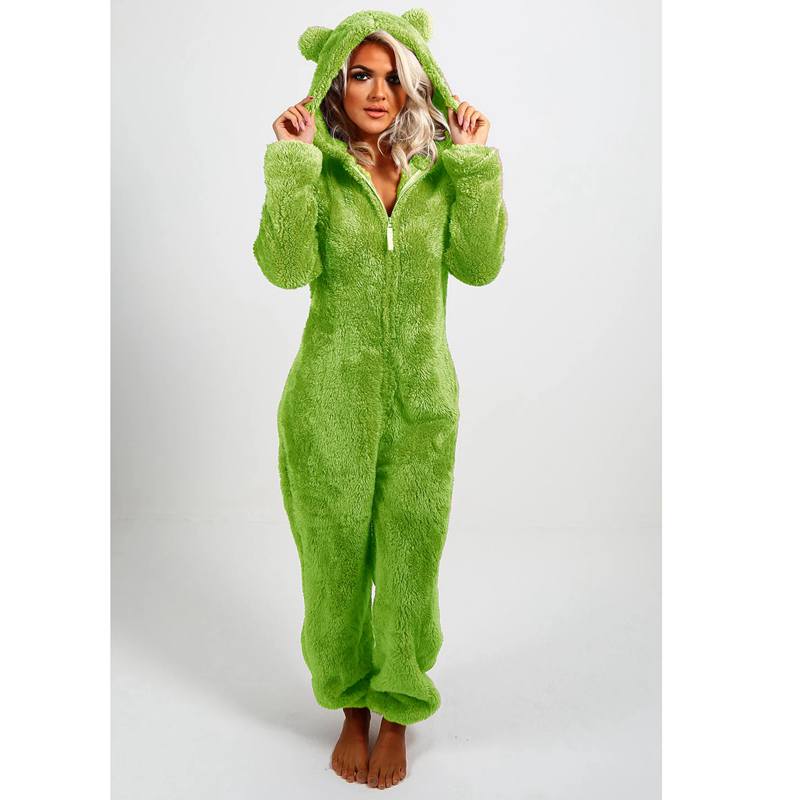 Women Warm Furry Pajamas Plush Fleece Zipper One-Piece Pajamas Soft and Comfortable Hooded Cute Bear Lounge Wear Women Onesies Home Night Sleepwear