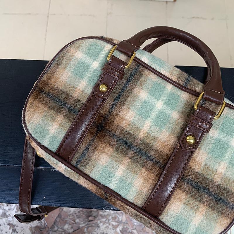Женская шерстяная сумка для боулинга в клетку в стиле ретро 2023 года — универсальная, в стиле ручная сумка/чехол через плечо