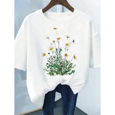 Цветочный принт Модный растительный тренд Прекрасный принт Женская футболка повседневная базовая модель О-образный воротник Черная рубашка с коротким рукавом Женская футболка