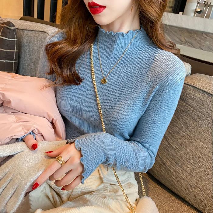 Wooden Ear Side Half Turtleneck Knitted Top For Women Autumn and Winter Knitwear Style Outside To Wear A New Coat Inside The Base
