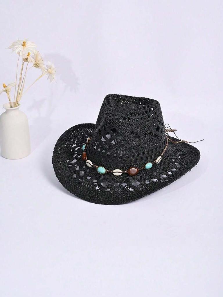 Unisex Straw Cowboy Hat With Beaded Decoration Breathable For Beach Camping Outdoor
