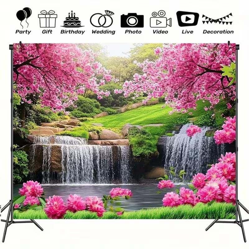 2D Vibrant Pink Flower Waterfall Backdrop for Studio & Party Decoration