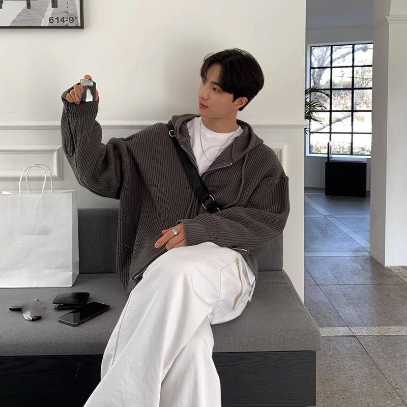 Зимняя одежда Мужской вязаный кардиган с капюшоном на молнии свитер с длинным рукавом Однотонная толстовка с капюшоном Корейский популярный трикотаж