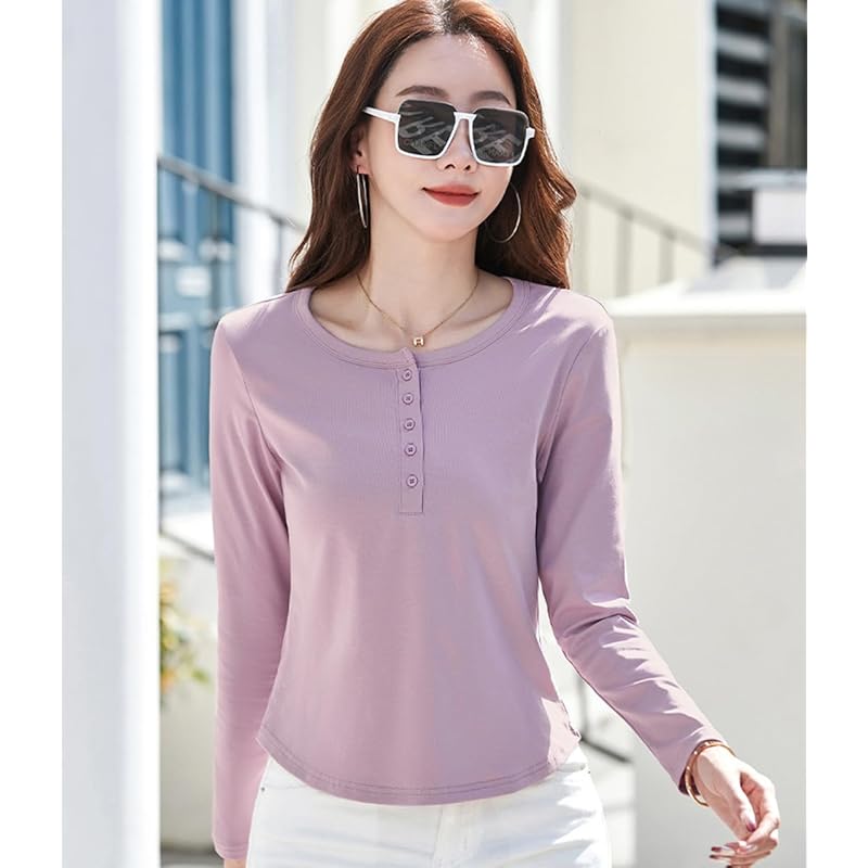 [JHIJSC] t-shirt ladies long sleeve spring cotton tight Plain color Fashionable cute large size (JP, alphabet, L, pink)