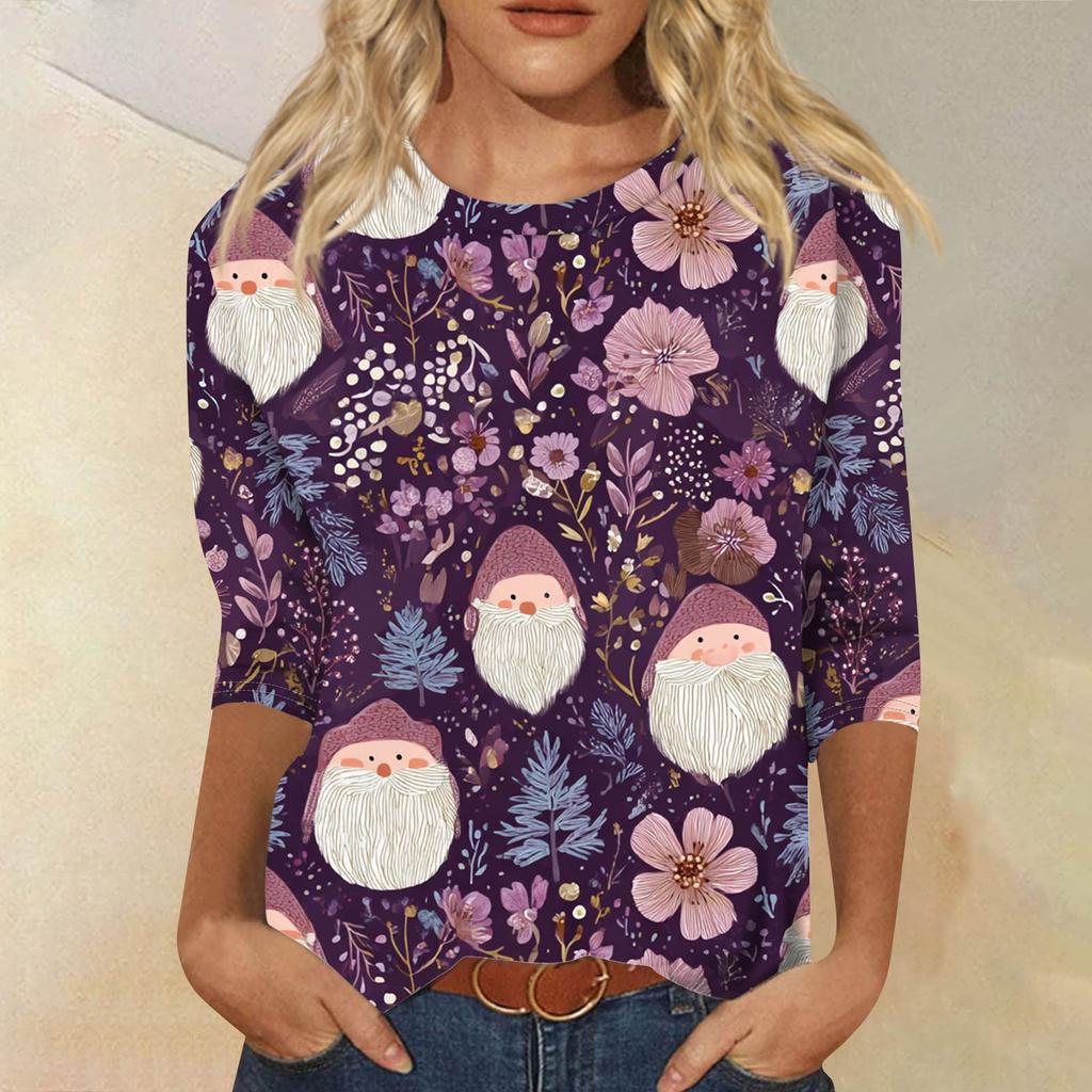 Women's Fashion Casual Round Neck 3/4 Sleeve Loose Printed T-Shirt Ladies Top