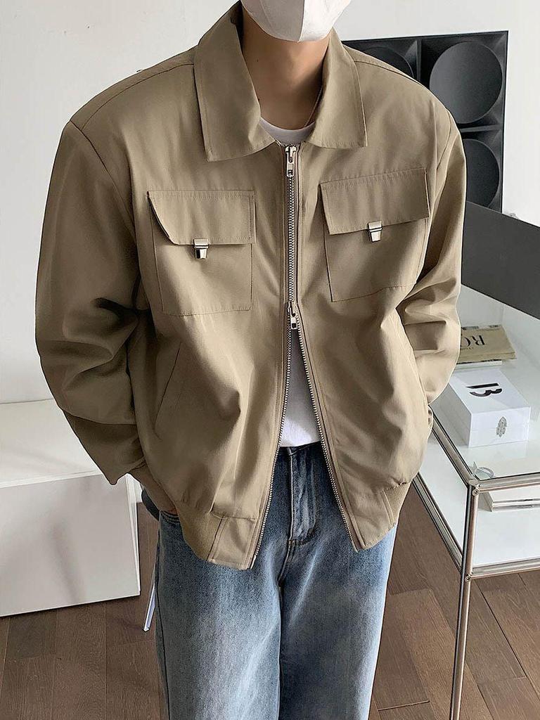 Men's Oversized Khaki Baseball Jacket - High-End CleanFit Workwear Pilot Style