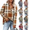 Women's Plaid Hooded Sweatshirt V-Neck Button Detail Pullover Long Sleeve Casual Top