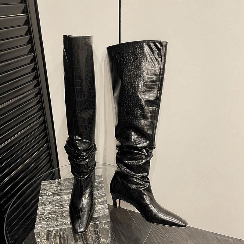 Krazing Pot Осенне-зимняя обувь из искусственной кожи, туфли без шнуровки на среднем каблуке с квадратным носком, женские сапоги до бедра со плиссированной отделкой и украшением