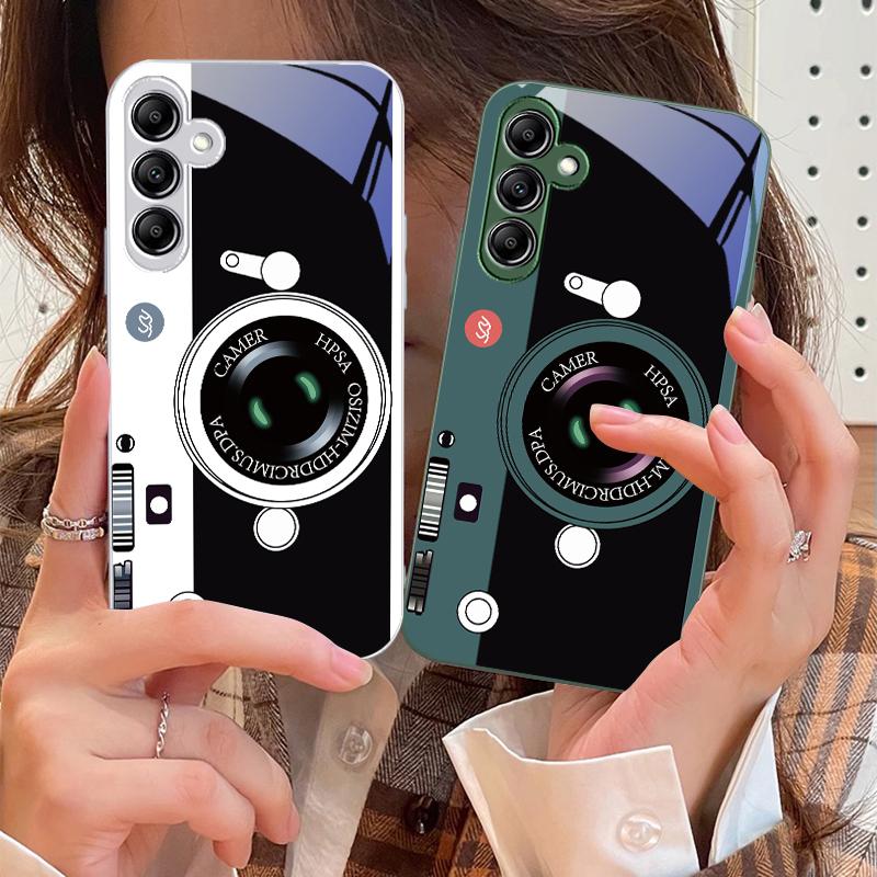 Dark green camera pattern For Samsung A 73 72 71 70 56 55 54 53 52 51 50 42 35 34 33 32 31 26 25 24 23 22 30 20 glass phone case