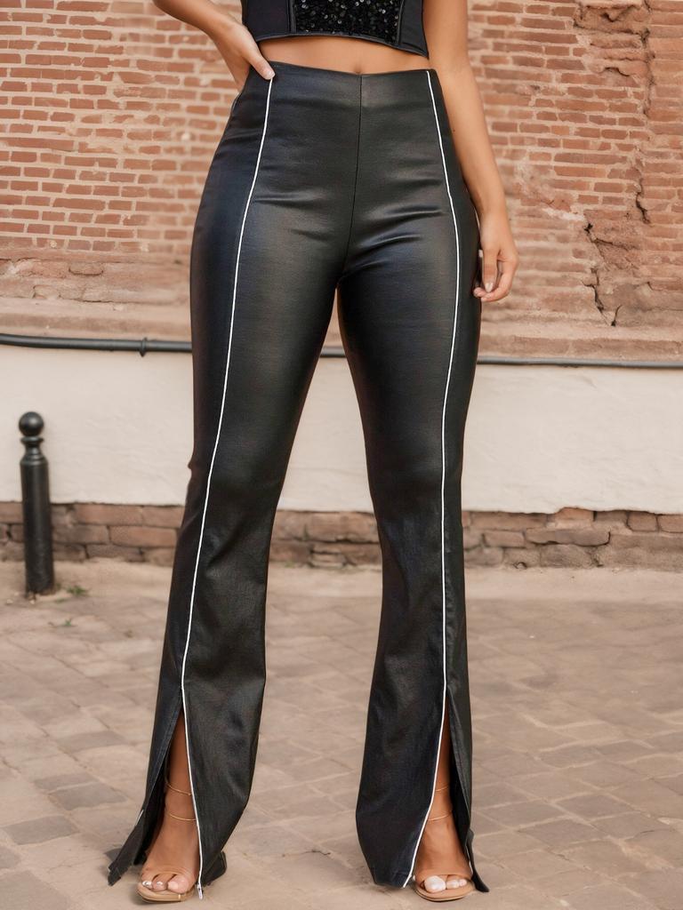 Брюки-клеш из искусственной кожи Rose Beauty с контрастной окантовкой и разрезом по низу
