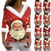 Женская футболка с рождественским принтом, длинный рукав, флисовый воротник, V-образный вырез, футболка