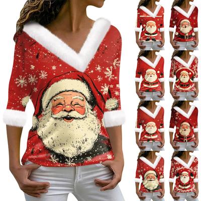 Женская футболка с рождественским принтом, длинный рукав, флисовый воротник, V-образный вырез, футболка