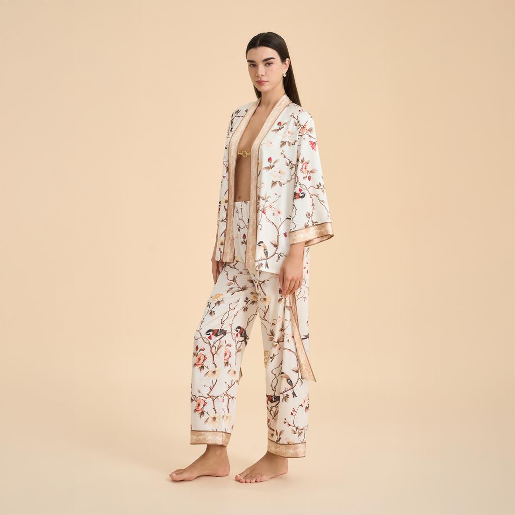 New high-end long-sleeved cardigan pajamas women's spring and autumn flower printing satin chiffon loungewear set TZ1000