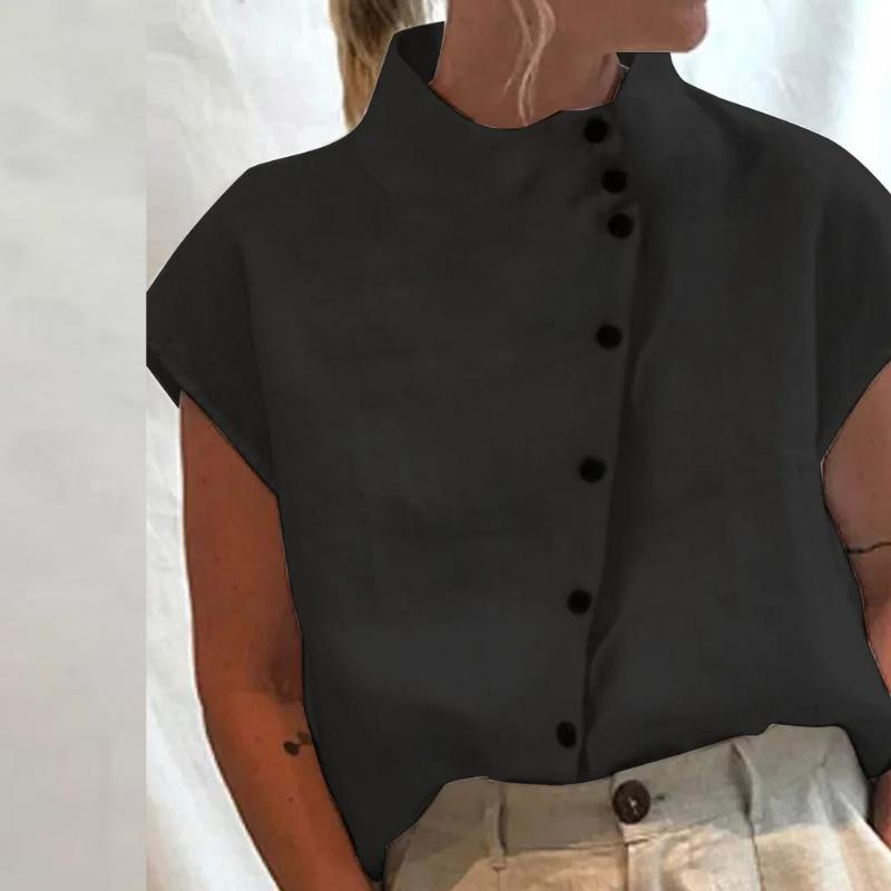 Необычная хлопковая блузка на пуговицах, белый топ, зеленый, черный, воротник-стойка, повседневная рубашка для женщин, рубашки с коротким рукавом