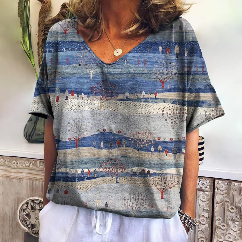 Summer Women's T-shirt Landscape V-neck T Shirt Ladies Fashion Short Sleeve Tops Retro Streetwear Fashion Clothes Female Casual