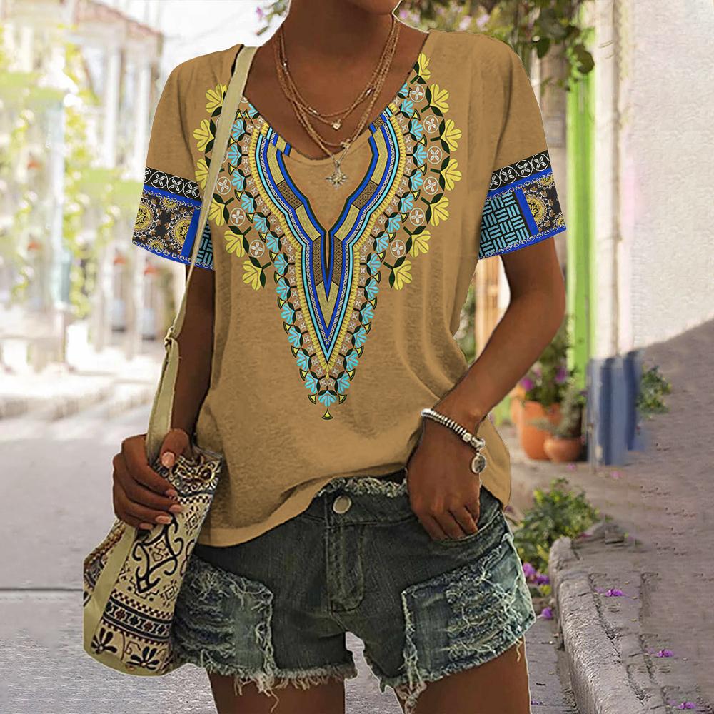 2025 Vintage Shirt for Women Totem Printed Ethnic Style Women's Clothing Summer Casual Short Sleeved Tops Tees Oversized T-Shirt