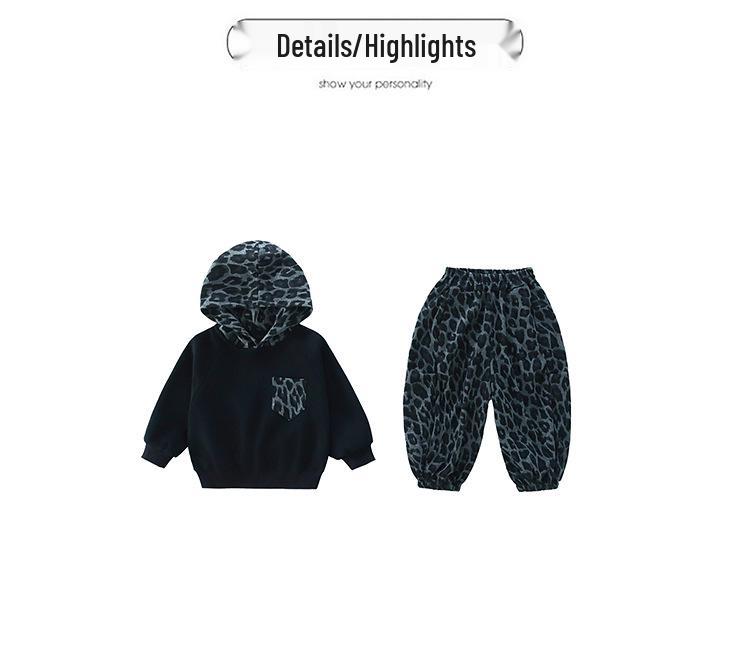 Girls' Korean-Style Leopard Print Hooded Sweatshirt and Pants Set - 2025 Spring/Autumn Fashion