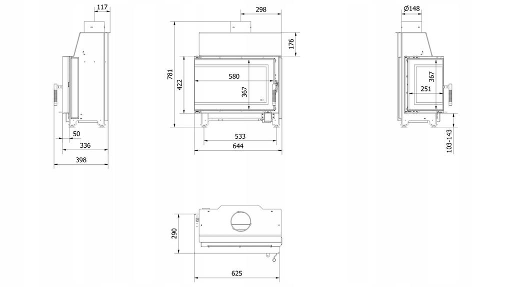 Стальной камин KRATKI SIMPLE левый 6 кВт Ø 150 самозакрывающаяся дверца