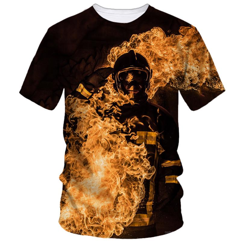 Футболки с принтом «Пожарный», стиль «Крутой парень», летние мужские футболки с коротким рукавом, уличная индивидуальность, креативная мода, свободный повседневный топ