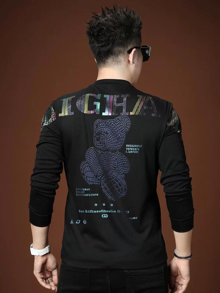 European Style Autumn Half-Turtleneck T-Shirt for Men, Trendy Bear Rhinestone Long-Sleeve Casual Top Men's Tee