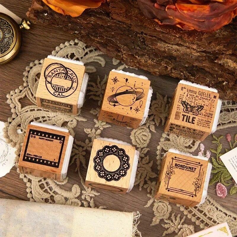 3 Style/set Retro Wooden Stamp Retro European Asethetic Lace Floral Star Wooden Stamp for Student DIY Decorative Scrapbook