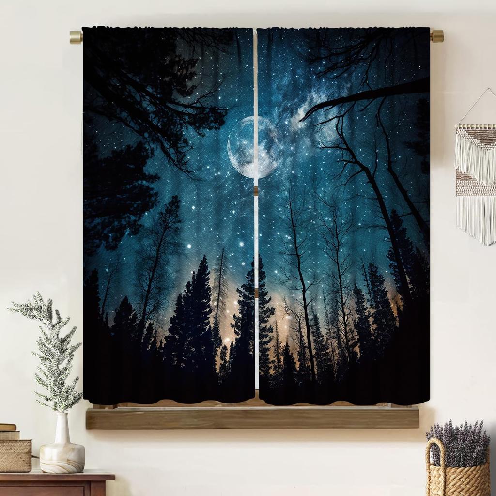 Gothic Dark Misty Forest Curtains, Mysterious Horror Foggy Dim Dead Jungle Under Strange Bright Moon,Thermal Insulation Blackout