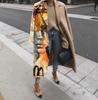 Europe And The United States Fall Women's Long-sleeved Lapel Coat Printed Tweed Long Coat